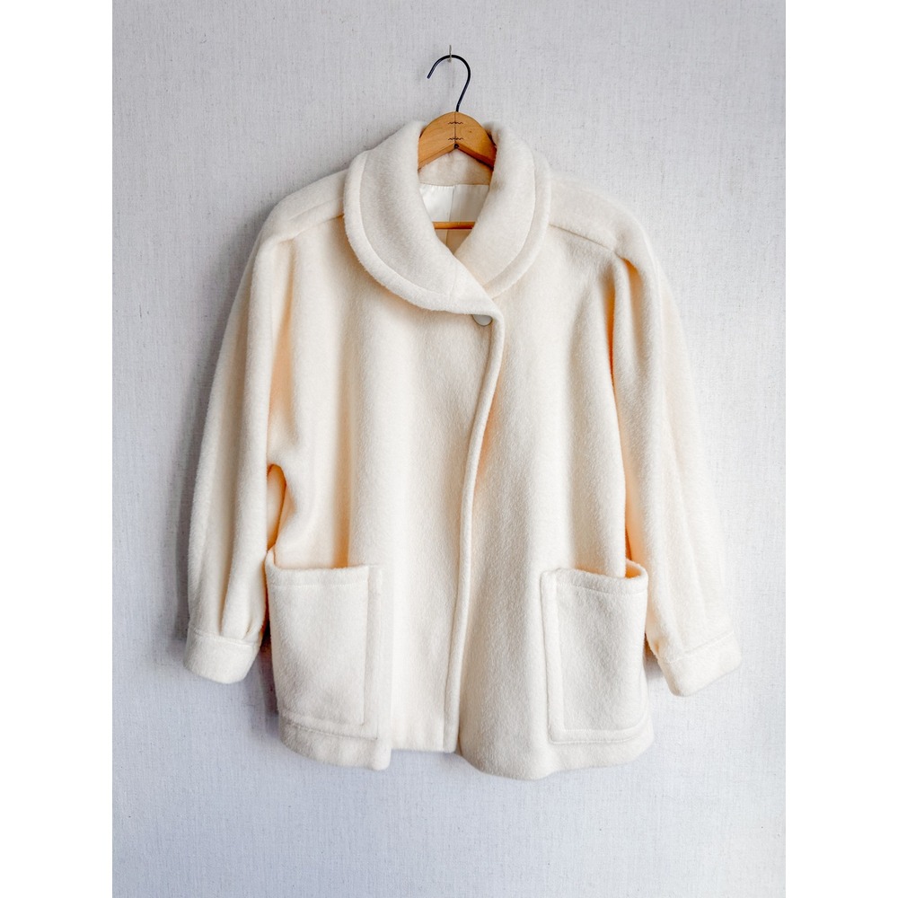 Vintage Jill Jr Forstmann Wool Mohair Cream Shawl Collar Coat Off White Womens